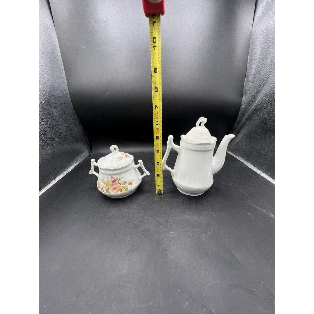 Vintage Porcelain Teapot Sugar Bowl Set Pink Yellow Rose Floral Gold Trim Lids